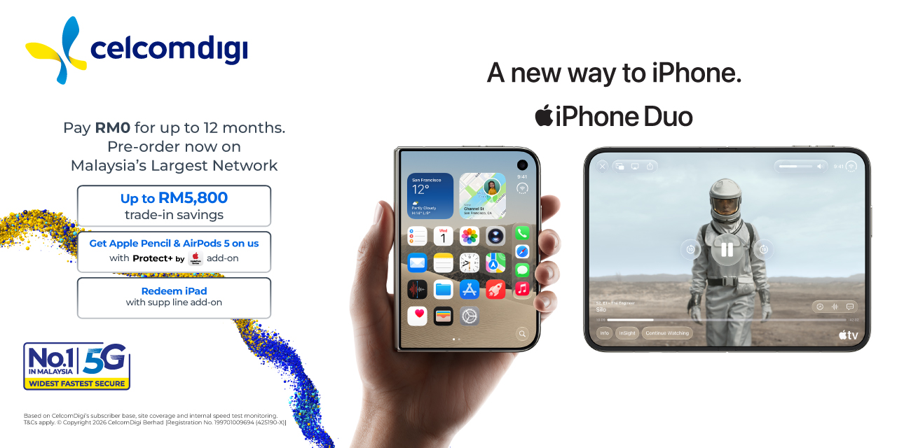 Official promotional poster for the CelcomDigi iPhone Duo campaign highlighting device financing and trade-in savings.